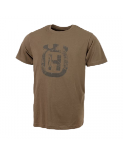 Husqvarna Xplorer tshirt in forest green with tree rings crown logo.