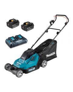 Makita DLM432CT2 Cordless Lawn Mower with 2 x 5Ah batteries and twin charger.