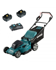 Makita DLM480Z Battery powered lawn mower with two battiers, charger comes with 48cm cutting deck and 62 litre grass box. 