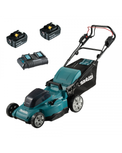 Makita DLM481Z Cordless Lawn Mower with self propelled drive and 48cm cutting deck. Kit includes 2 x 5aH batteries and twin port charger. 