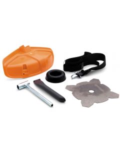 Husqvarna J handle kit with 4 tooth metal blade, guard, harness and fittings to convert the TA850 line trimmer attachment into a brushcutter attachment.