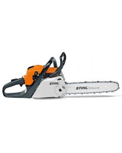 Stihl MS211 35.2cc petrol chain saw with 35cm cutting bar and quick chain tensioning.