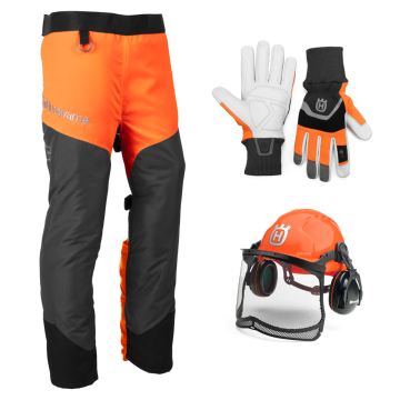 Husqvarna PPE Kit with functional chaps, Functional protective gloves and classic forest helmet. 
