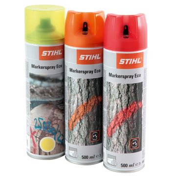 Genuine Stihl ECO marker spray is available in orange, red and yellow